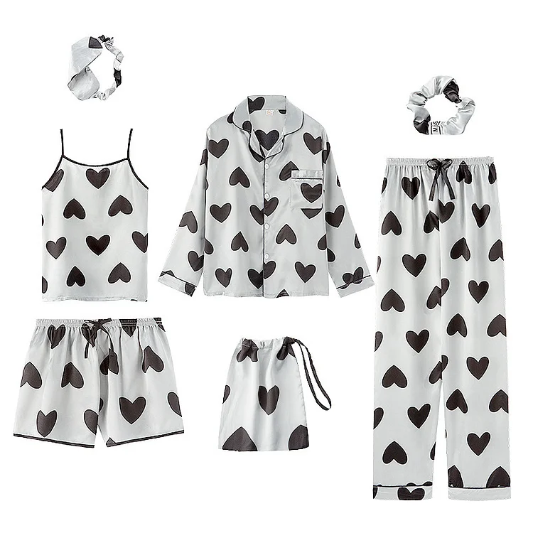 Love Heart print Silk Pajamas Seven Pieces Set - Modakawa Modakawa