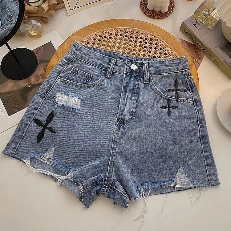 Loose Fit Distressed Denim Shorts with Cross Embroidery