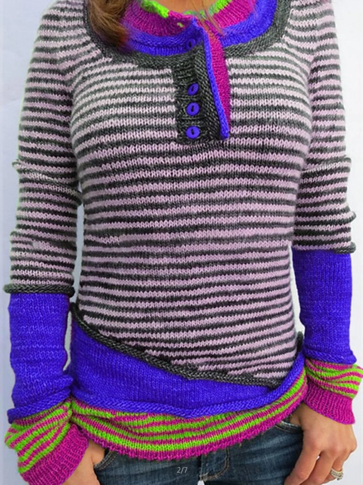 Stripe Long Sleeve Button Contrast Color Sweater for Women