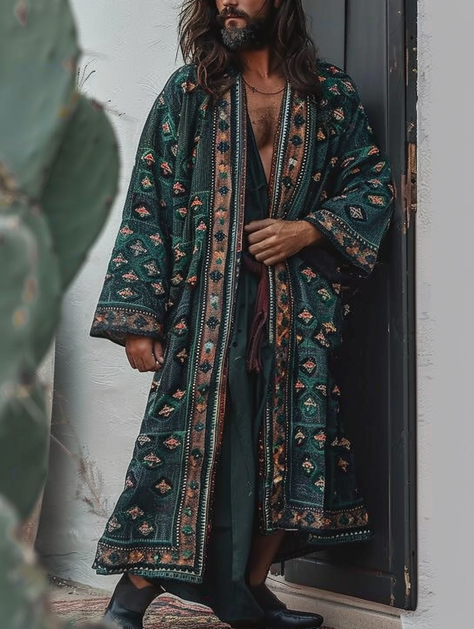 Men's Ethnic Printed Linen Long Cardigan