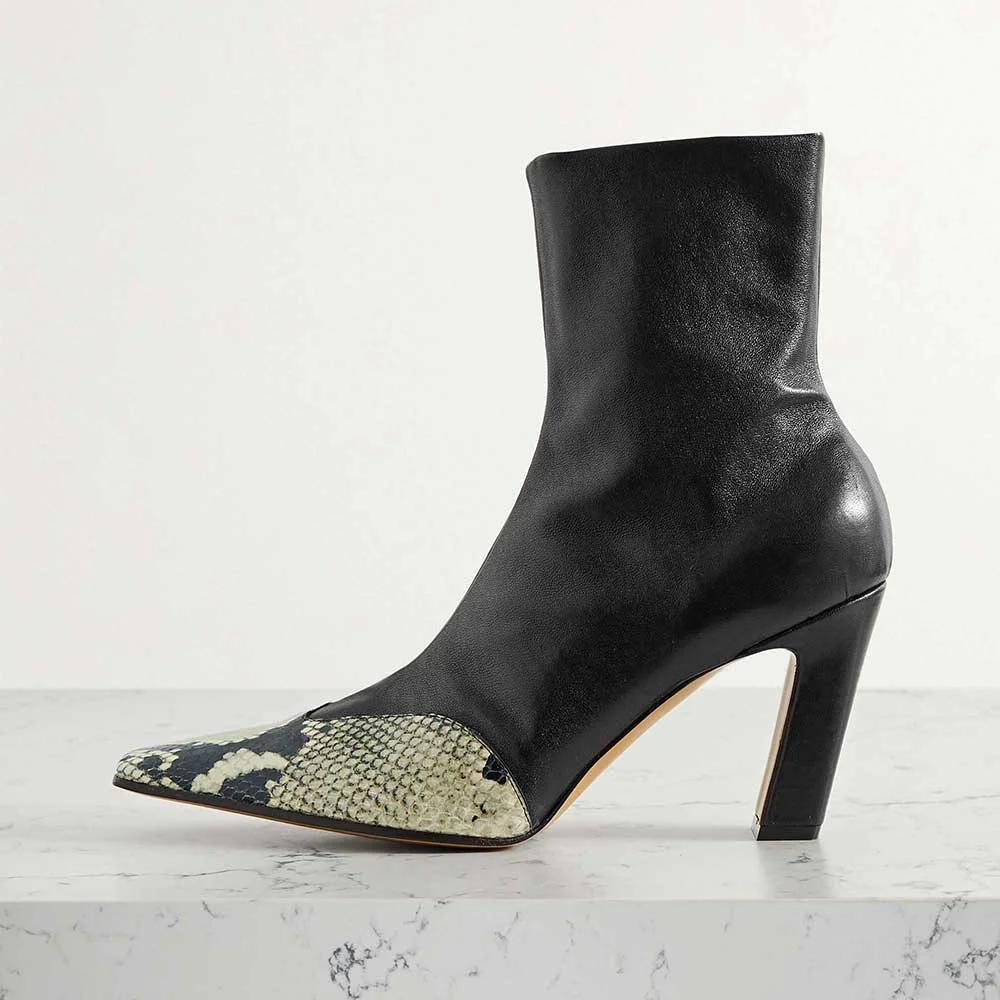 Black Python Patchwork Square Toe Block Heel Ankle Boots with Zip