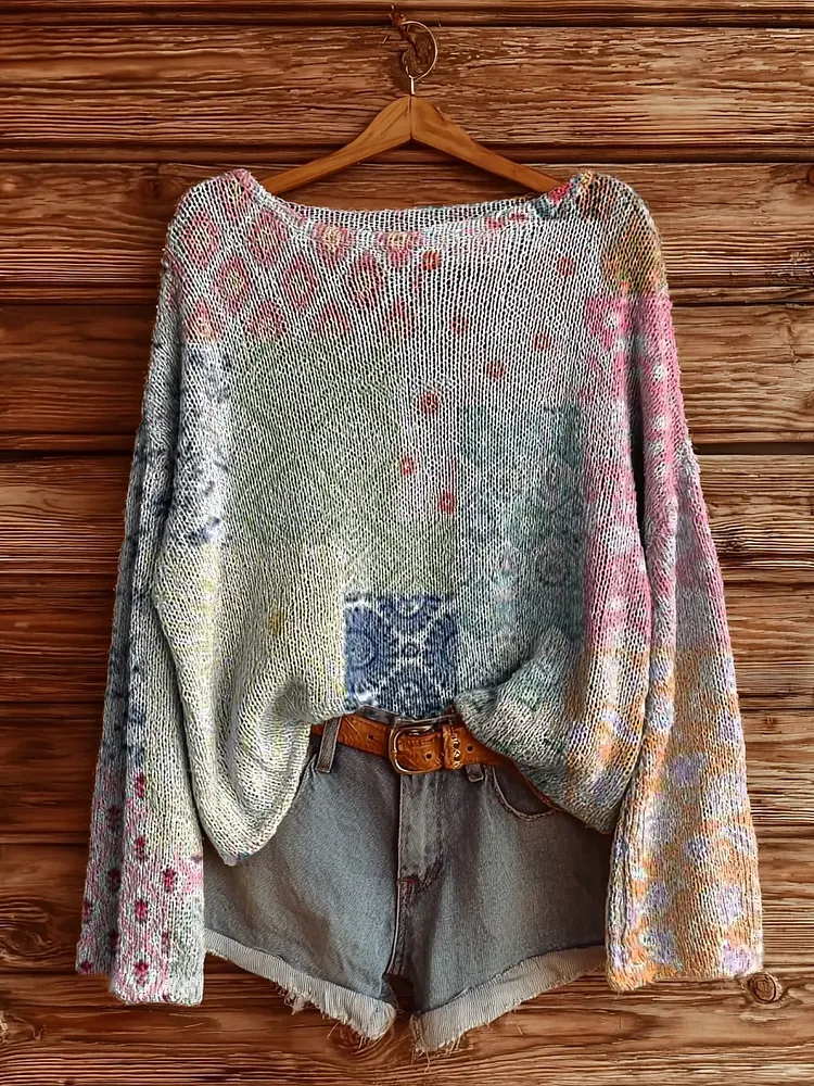 Women's Vintage Ethnic Floral Tattoo Pattern Art Print Casual Pullover Sweater