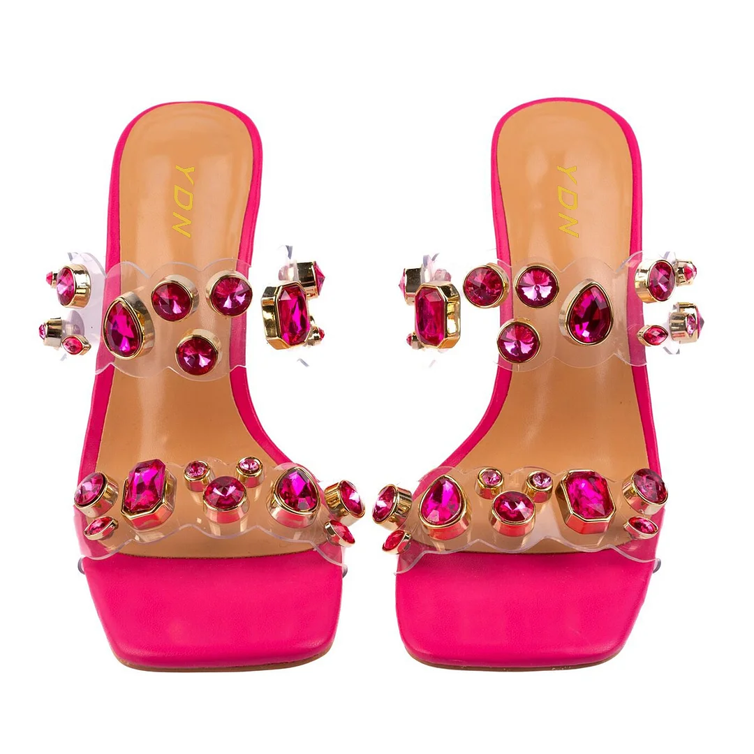 Hot Pink Vegan Leather Square Toe Mules with Colorful Decorative Heels