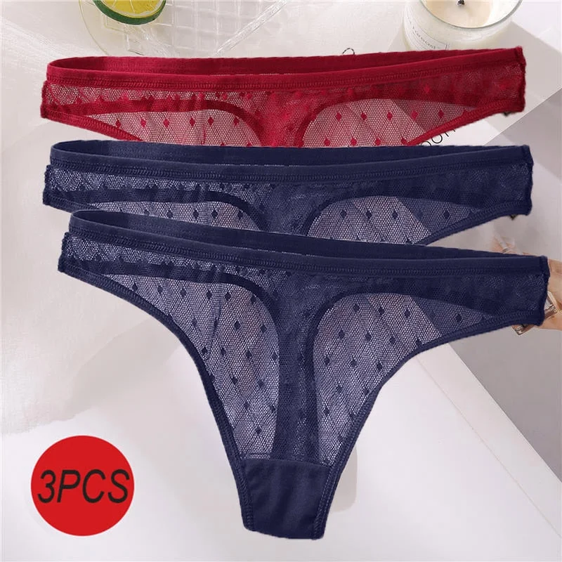 3PCS/Set Sexy Panties Women G-String Thong Lace Underwear Pantys Low-Waist Female Underpants Mesh Perspective Briefs Lingerie