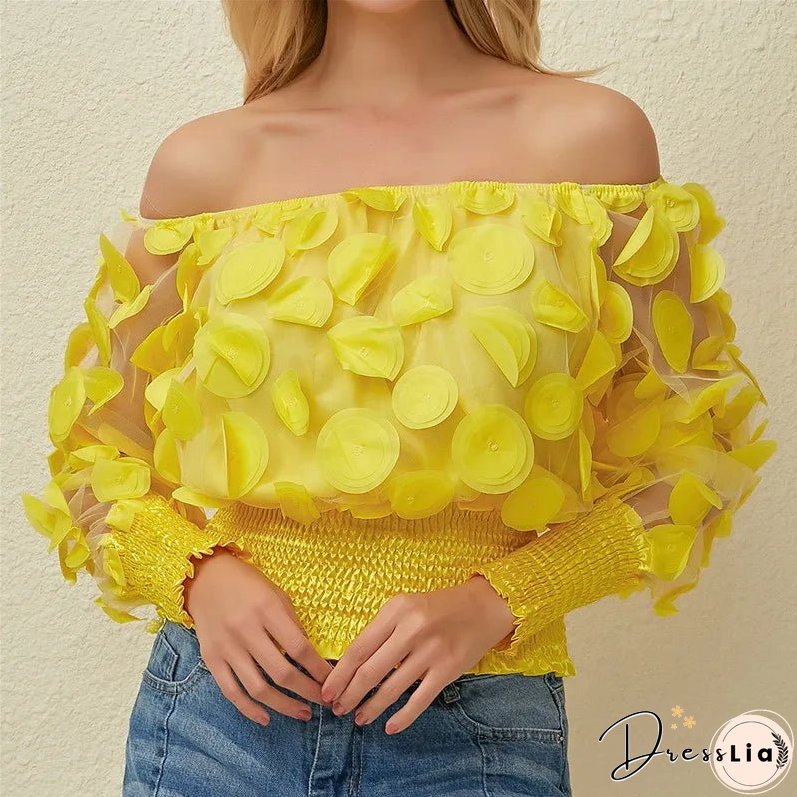 Sexy Off Shoulder Womens Tops And Blouses Mesh Sheer Puff Sleeve Tops Summer 3D Flower Vintage White Women Shirt Blouse 210308