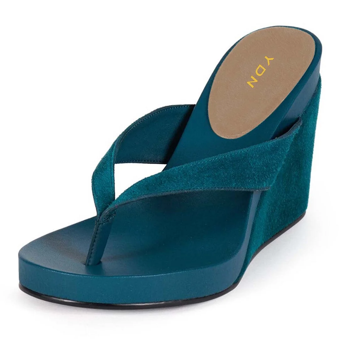 Blue Vegan Suede Open Round Toe Wedge Heeled Sandals with Platform