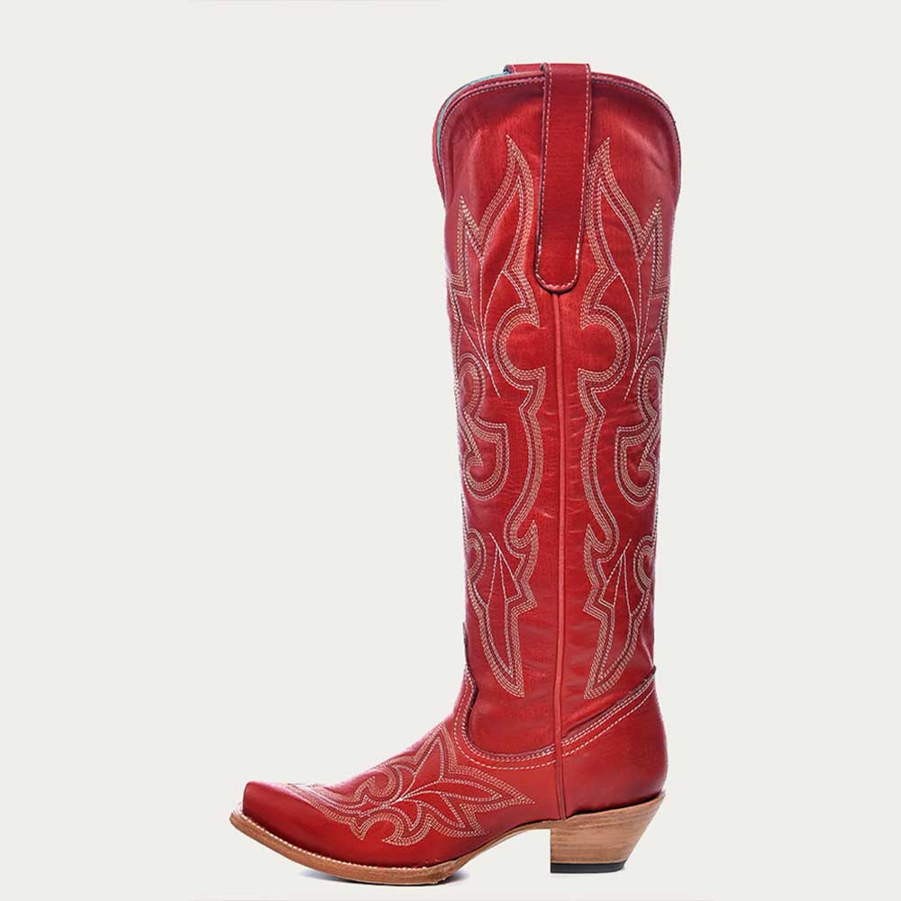Red Chunky Heel Embroidered Knee-High Cowgirl Boots with Snip Toe Nicepairs