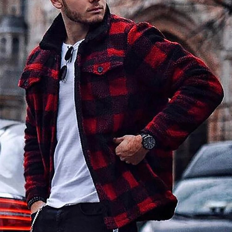 Red Plaid Lapel Zipper Coat Plush Warm Double-Sided Velvet Casual Men's Clothing