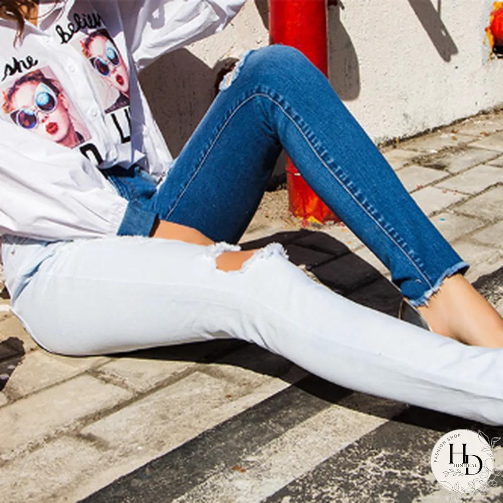Fashion-Spring And Summer Hot Selling Small Leg Pants Broken Holes Stretch Slim Body