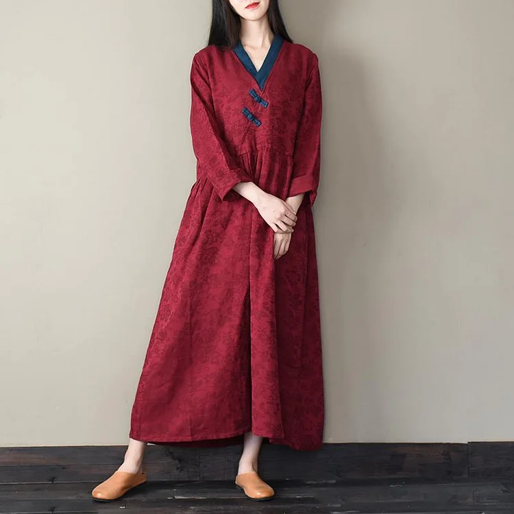 French v neck cotton spring tunic top Work Outfits burgundy Plus Size Dresses