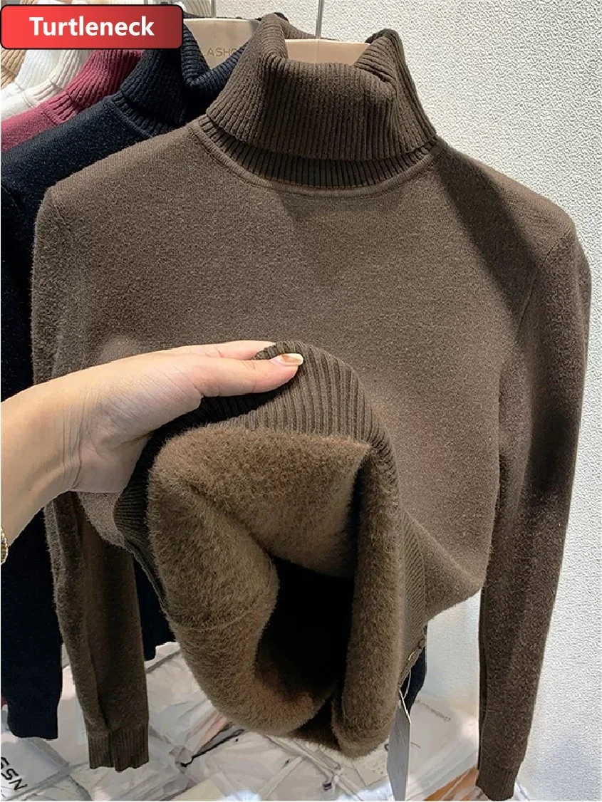 Uveng Warm Sweater Pullover Women Slim Thicken Plush Velvet Lined Knitwear Jumper Korean Half Turtleneck Poleras Soft Knit Tops