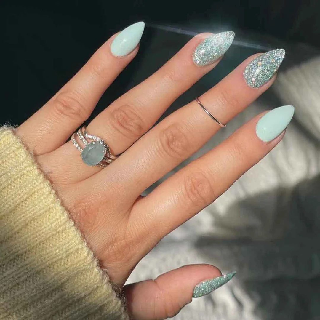 Pure Color Glitter Long-length Press On Nails with Jelly Double Sided Nail Adhesives 24 pcs