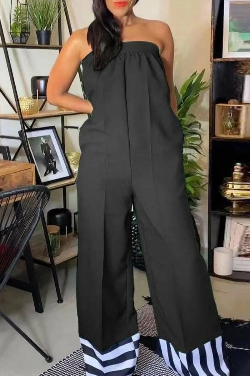 Black Casual Solid Patchwork Backless Strapless Regular Jumpsuits