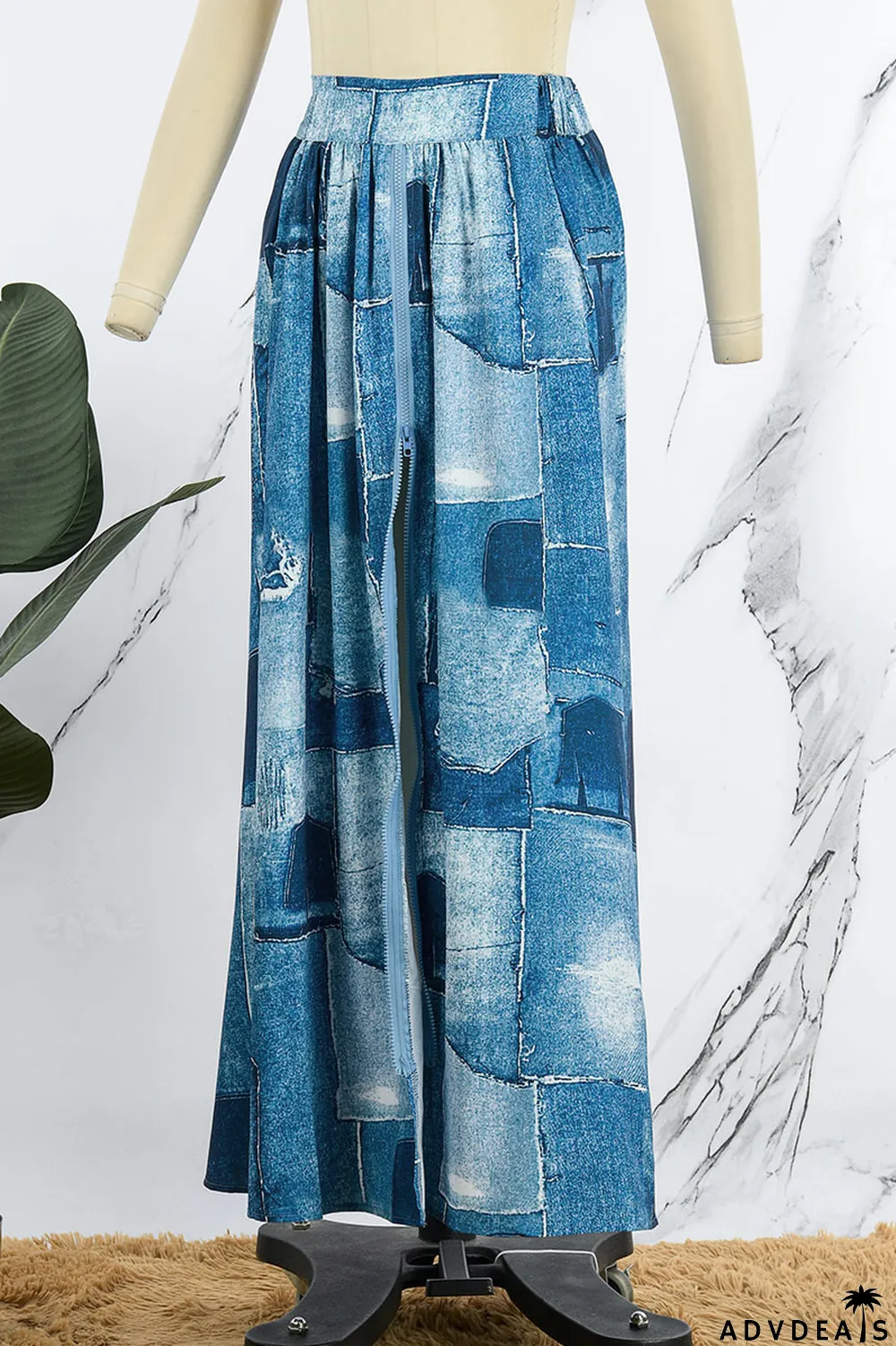 Colour Casual Print Patchwork Slit High Waist Type A Full Print Bottoms