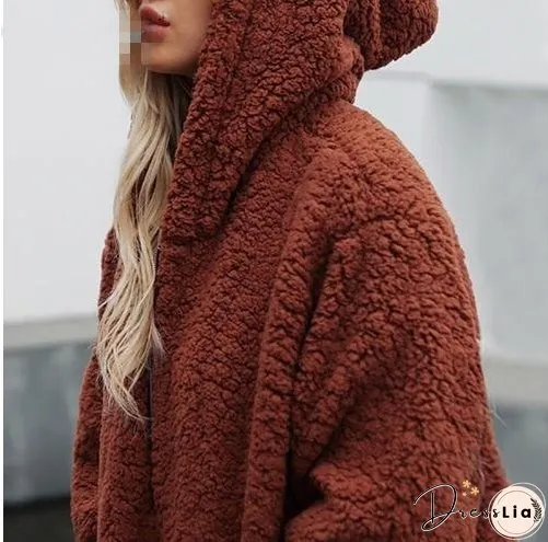 Autumn And Winter Hooded Plush Thick Loose Sweater Coat