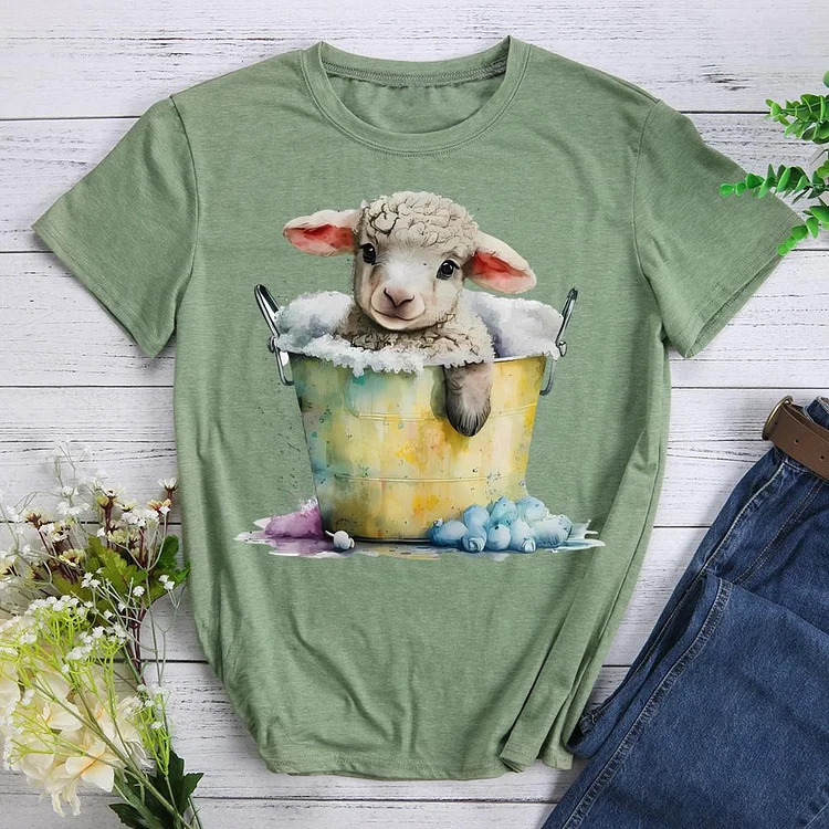 Farm sheep bathing Round Neck T-shirt-0020579