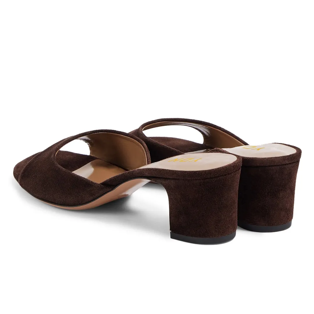 Dark Brown Vegan Suede Open Toe Mules Shoes with Chunky Heels