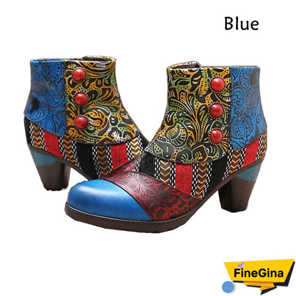 Ladies Fashion Round Toe Patent Leather High Thick Heel Stitching Casual Side Zipper
