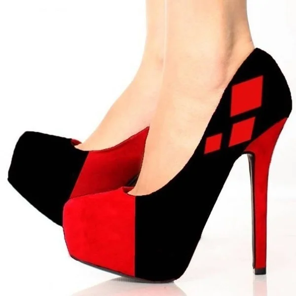 Harley Quinn Vegan Suede Red&Black Halloween Platform Heels Pumps |FSJ Shoes