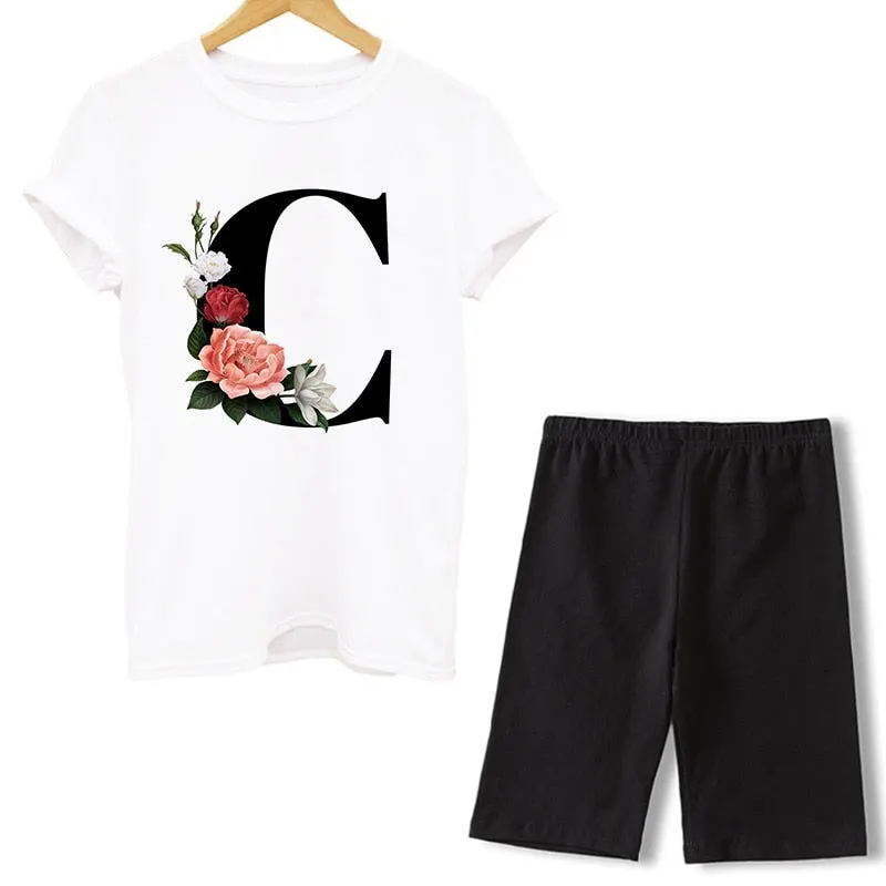 Women Two Piece Set Letter T Shirts And Shorts Sets Summer Short Sleeve O-neck Casual Biker Tracksuit Sexy Outfit For Woman 2