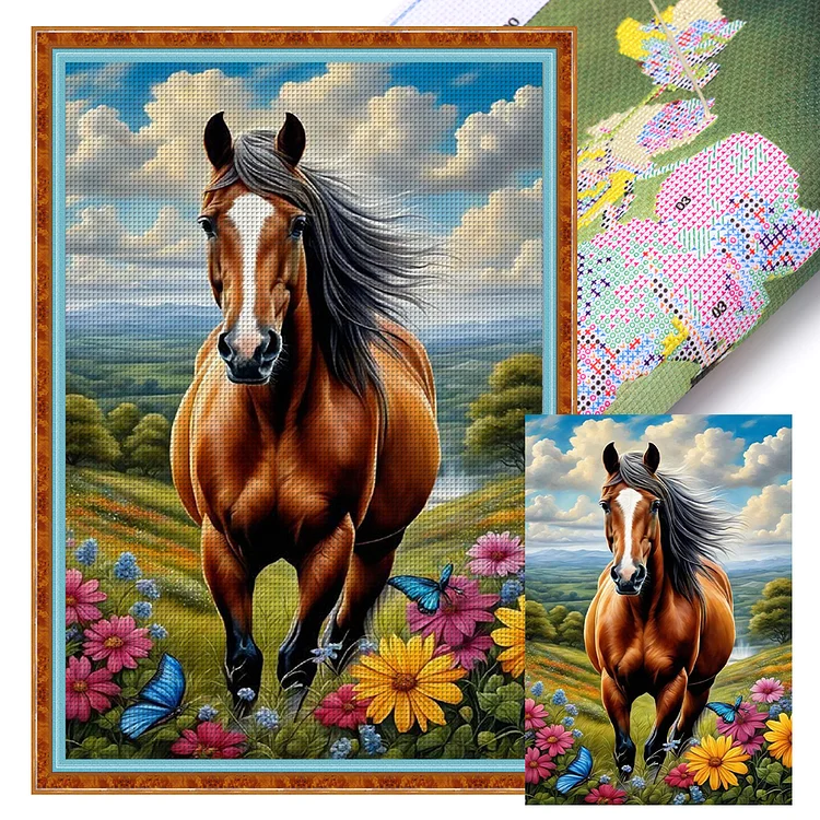 Flowers And Horses - Printed Cross Stitch 11CT 40*60CM