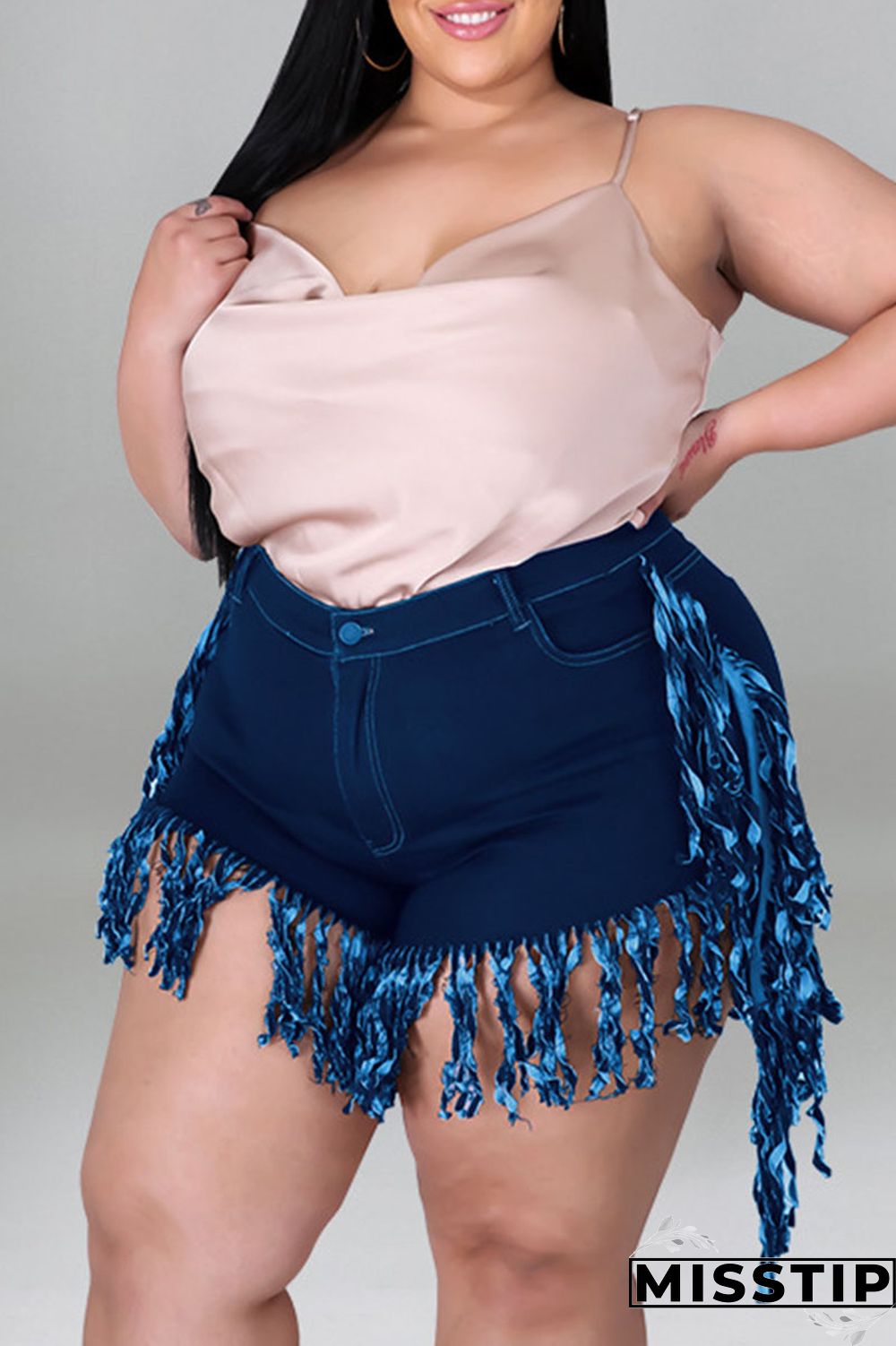 Black Casual Street Solid Tassel Patchwork Plus Size Jeans