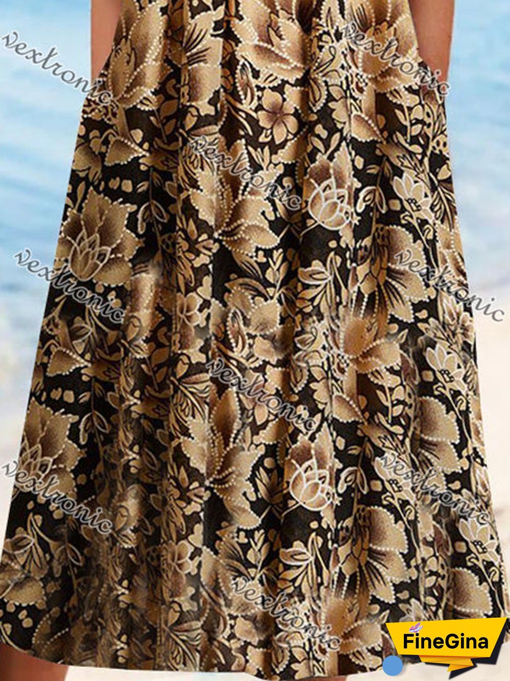 Women's Gold Scoop Neck Short Sleeve Printed Midi Dress