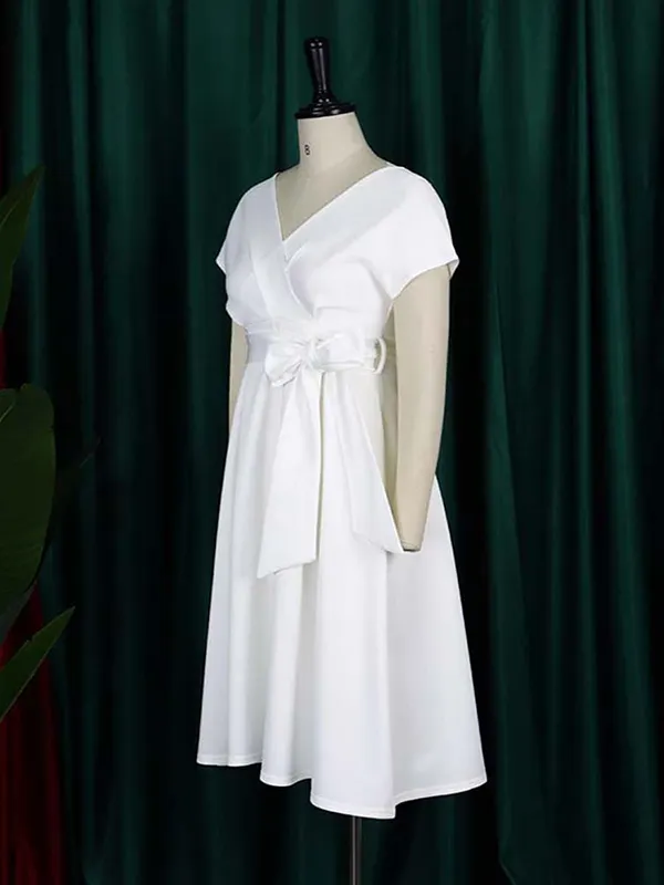 V Neck Bow Knot Sleeves Button Down Midi Swing Dress main image 1