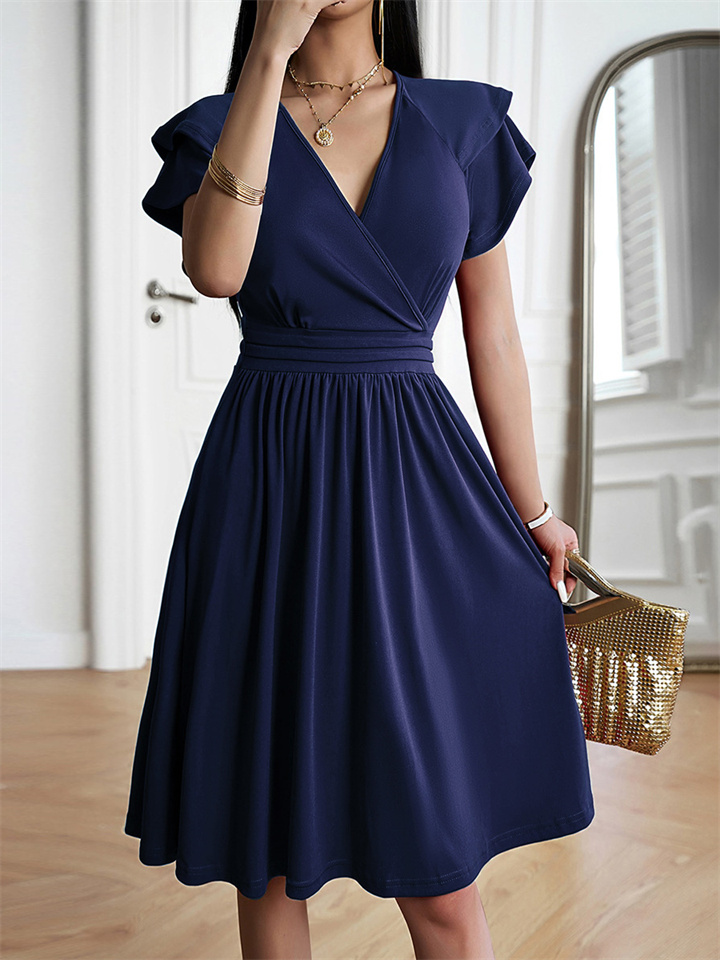 Solid Color Dress Summer Ladies Temperament Elegant V-neck Petal Sleeve Mid-length Dresses