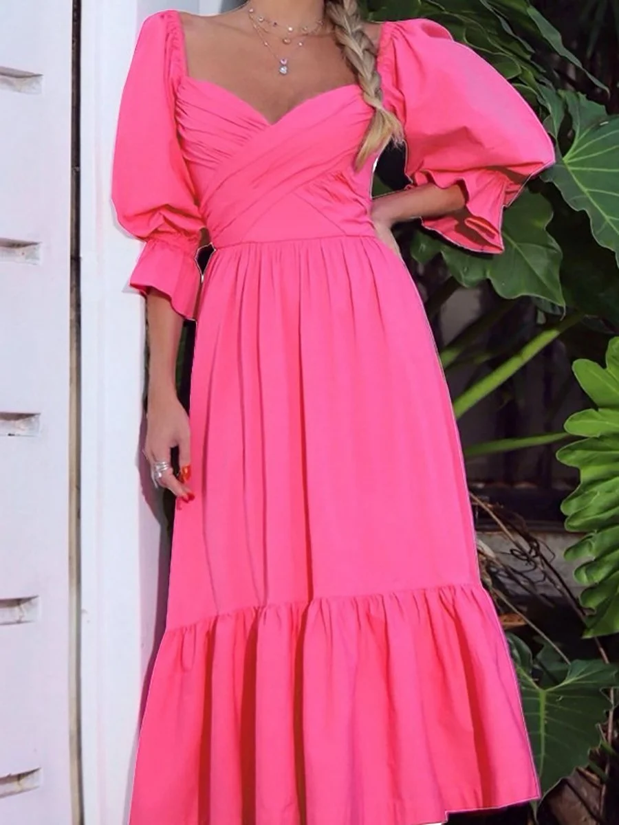 Solid V-Neck Long Sleeve Maxi Dress