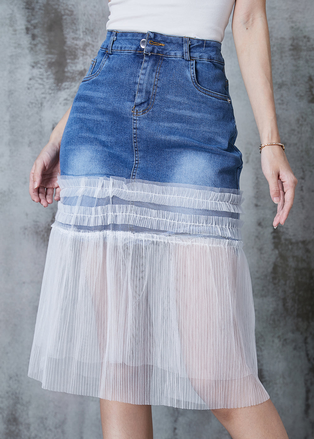VCSHOES Denim Blue Ruffled Patchwork Tulle Skirt Summer