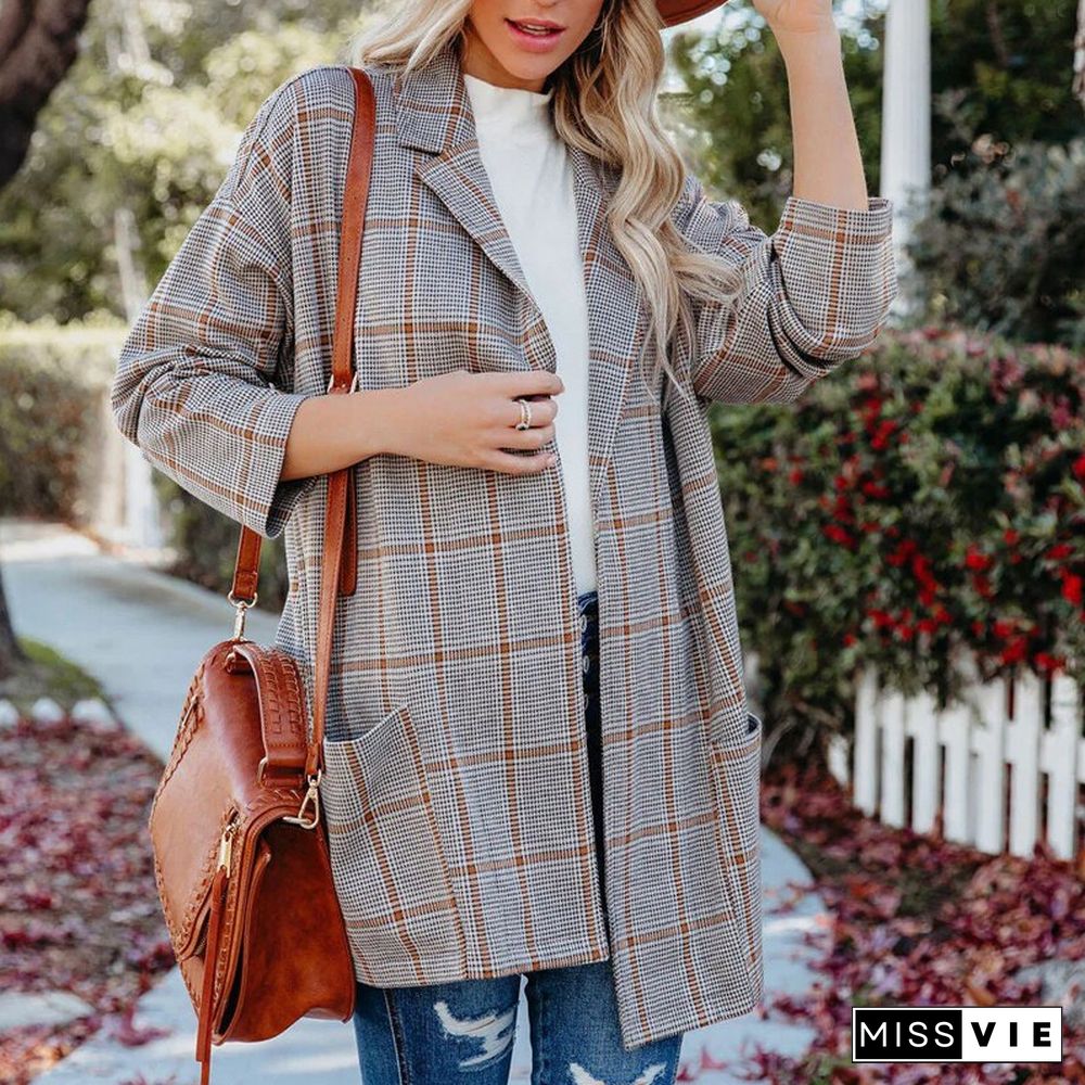Womens Casual Long Sleeve Striped Blazer Fashion Turn-down Collar Pockets Loose Jacket