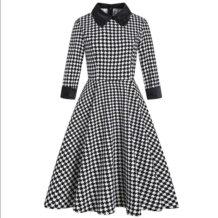 Mayoulove Elegant Dress Houndstooth Pattern 3/4 Sleeve Peter Pan Collar Swing Dress-Mayoulove