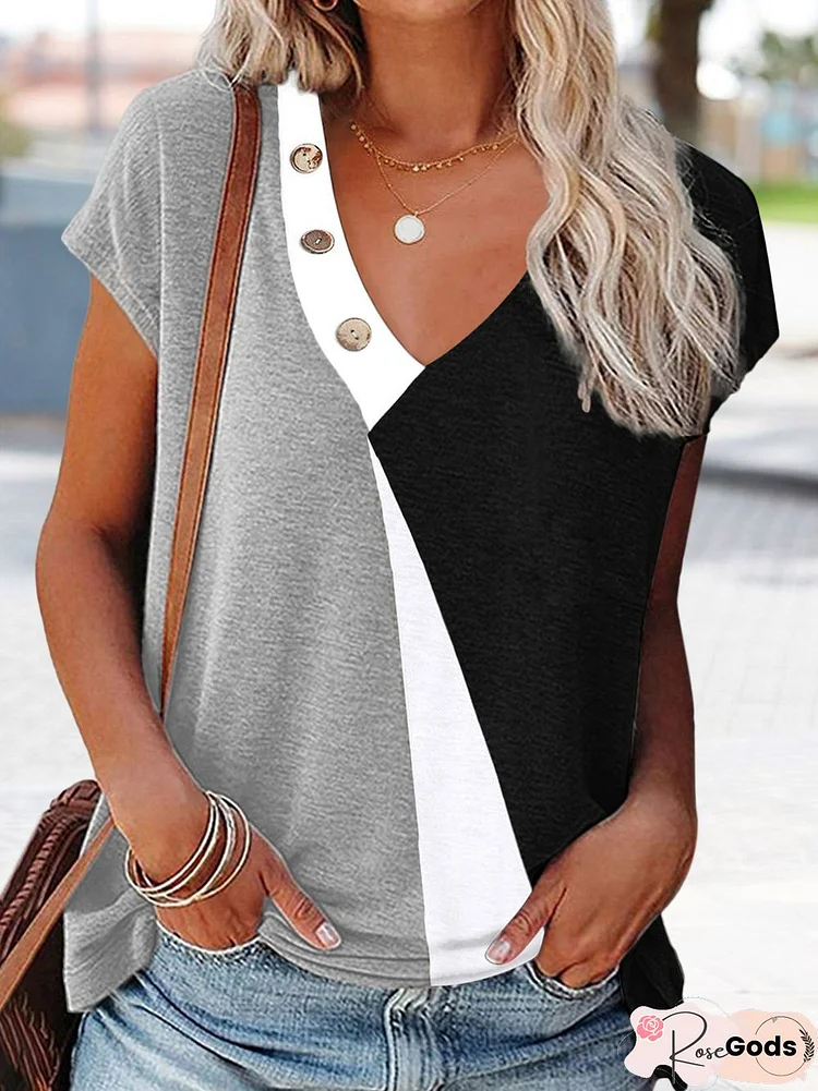 V Neck Casual Loose Color Block T-Shirt