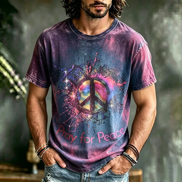 Men's Retro Hippie Peace Logo "pray For Peace" Art Print T-shirt