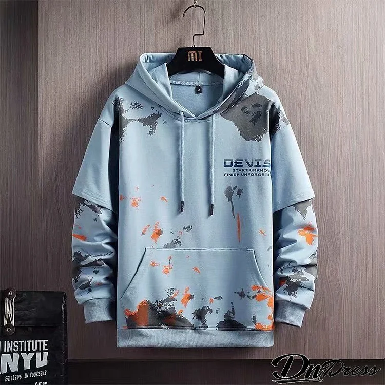 Men Casual Long Sleeve Hat Rope Pocket Design Letter Printed Hoodie