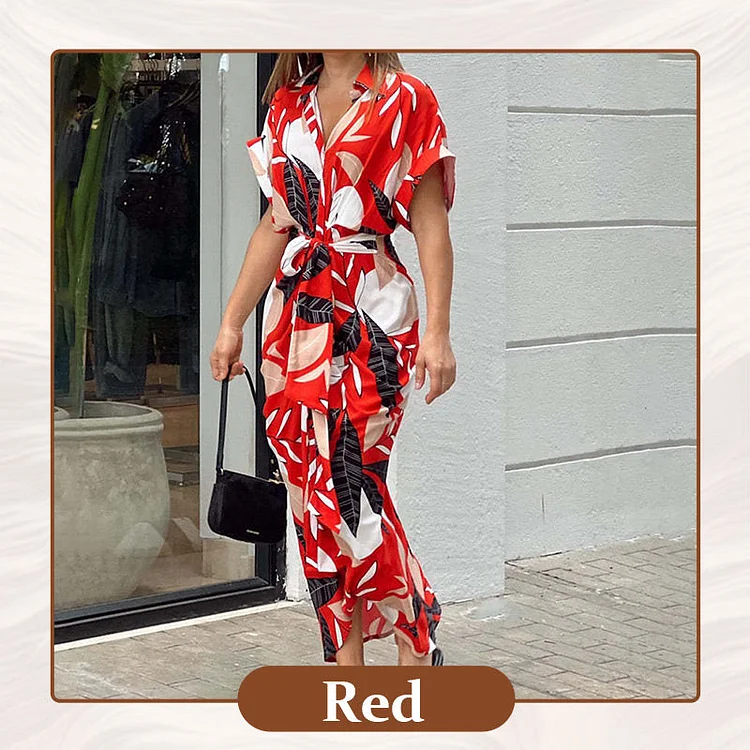 🔥Printed Waist Cinching Shirt Dress