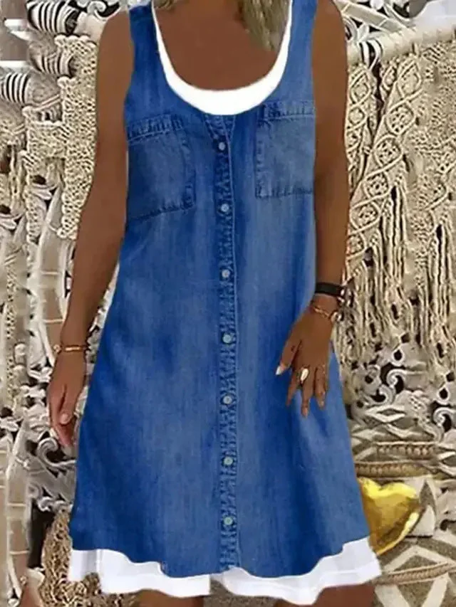 Uveng Sleeveless Stitching Printing Casual Dress Dresses