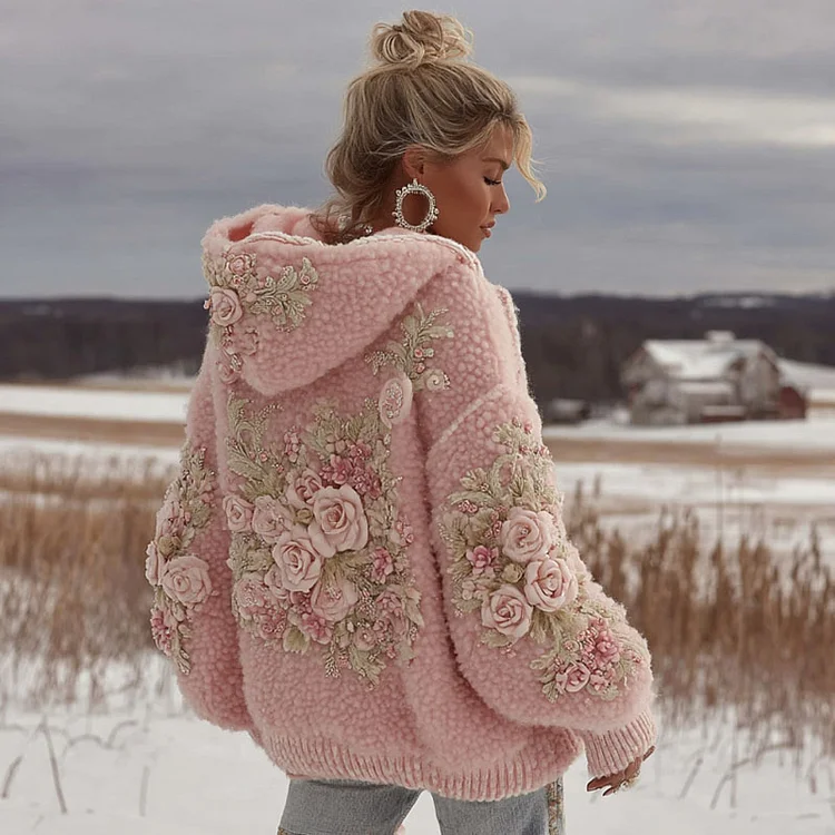 Women's Pink Floral Embroidered Art Cozy Plush Hoodie