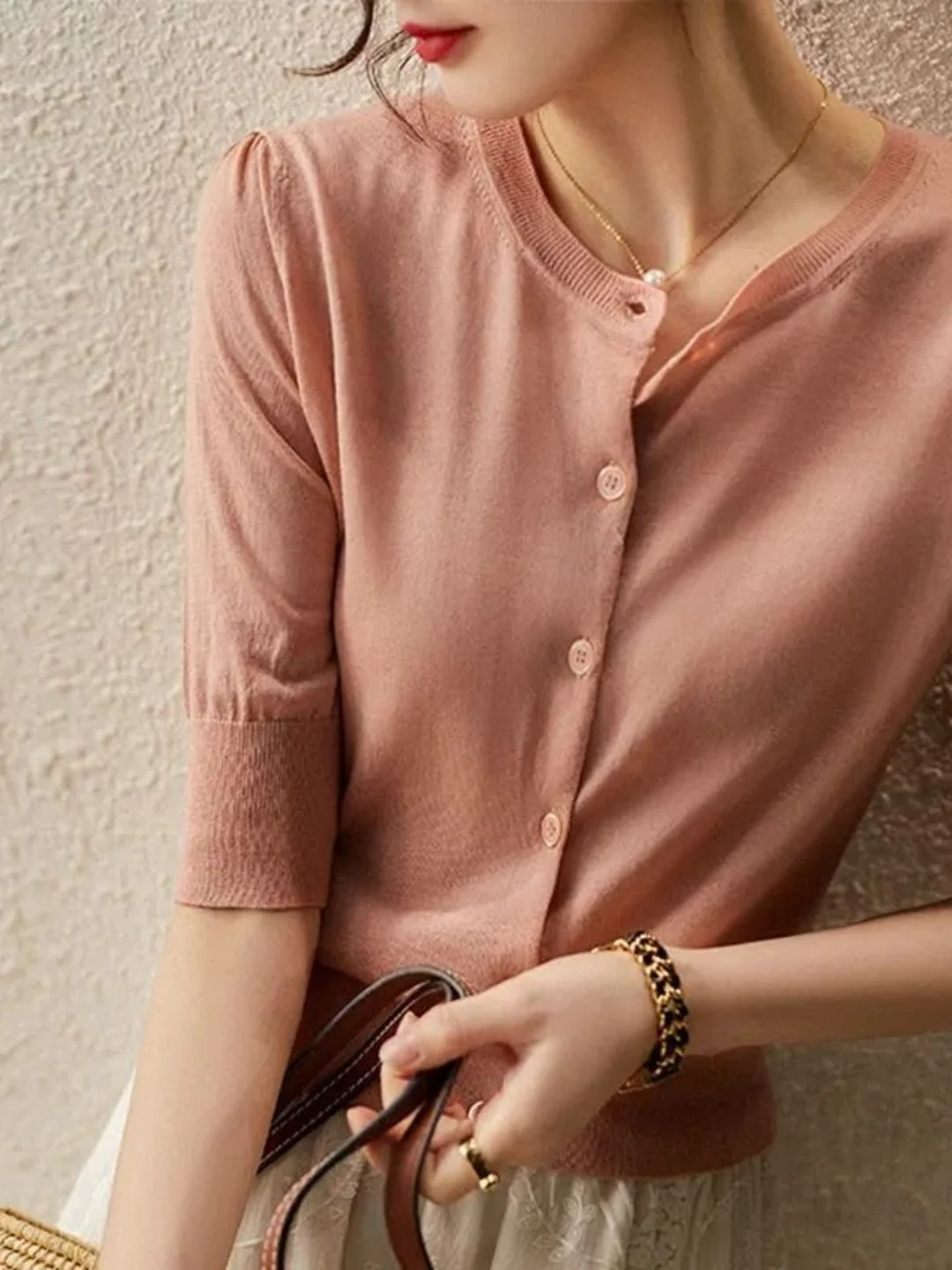 Athvotar Athvotar Knitted Jersey Women's Early Spring Round Collar Collar In The Middle Sleeve Ice Silk Thin Model Hit The Bottom Of The Coat Female Ocean