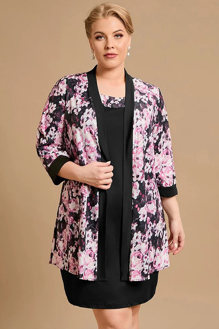 Flycurvy Plus Size Floral Print Two Pieces Midi Dress With 3/4 Sleeve Jacket  Flycurvy [product_label]