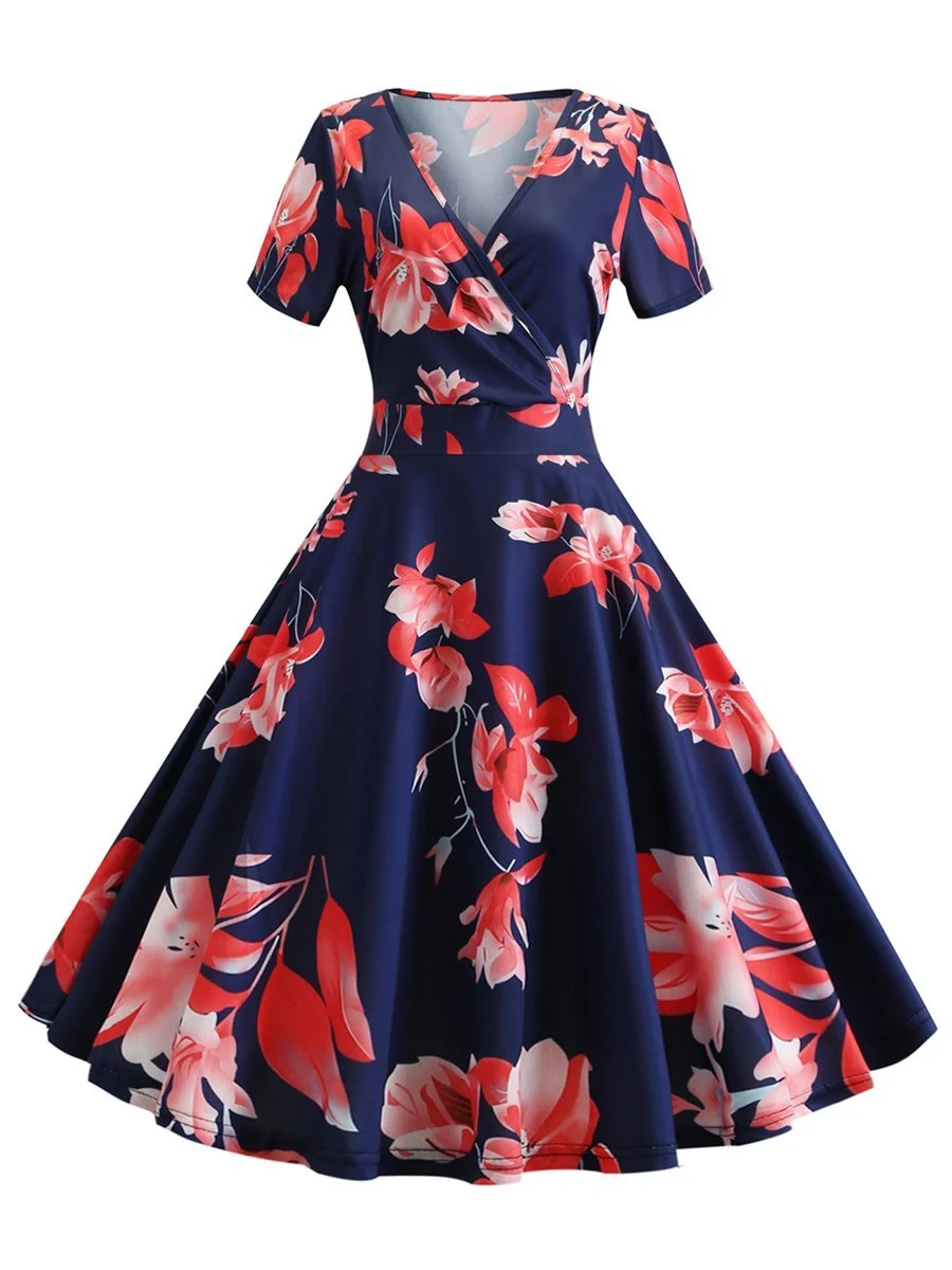 1950s Dress Deep V-neck Short-sleeved Floral Dress