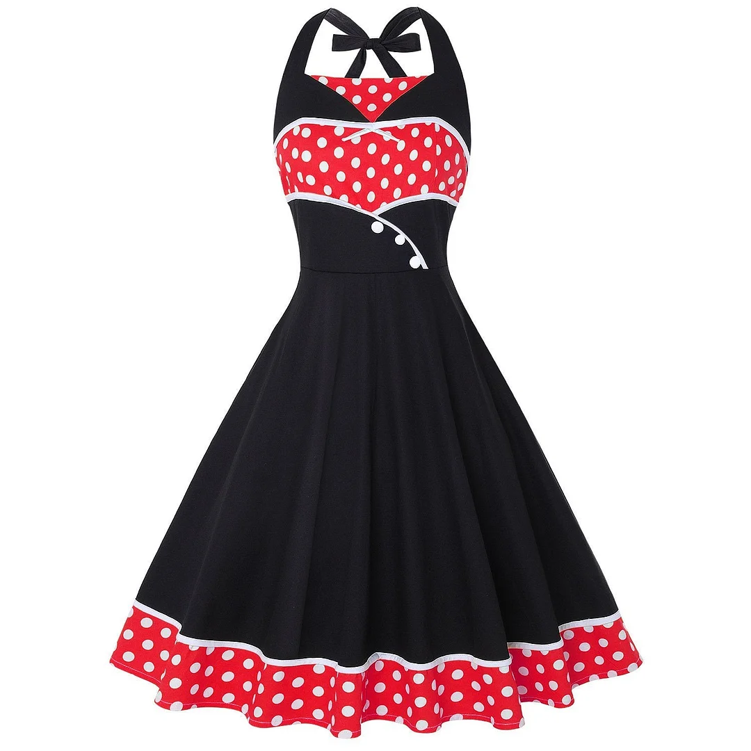 Polka Dot Dress Halter Neck Waist Retro Huge Swing Dress