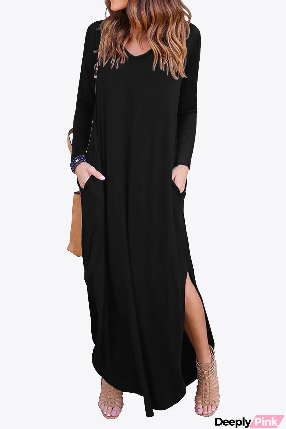 Split Long Sleeve V-Neck Maxi Dress