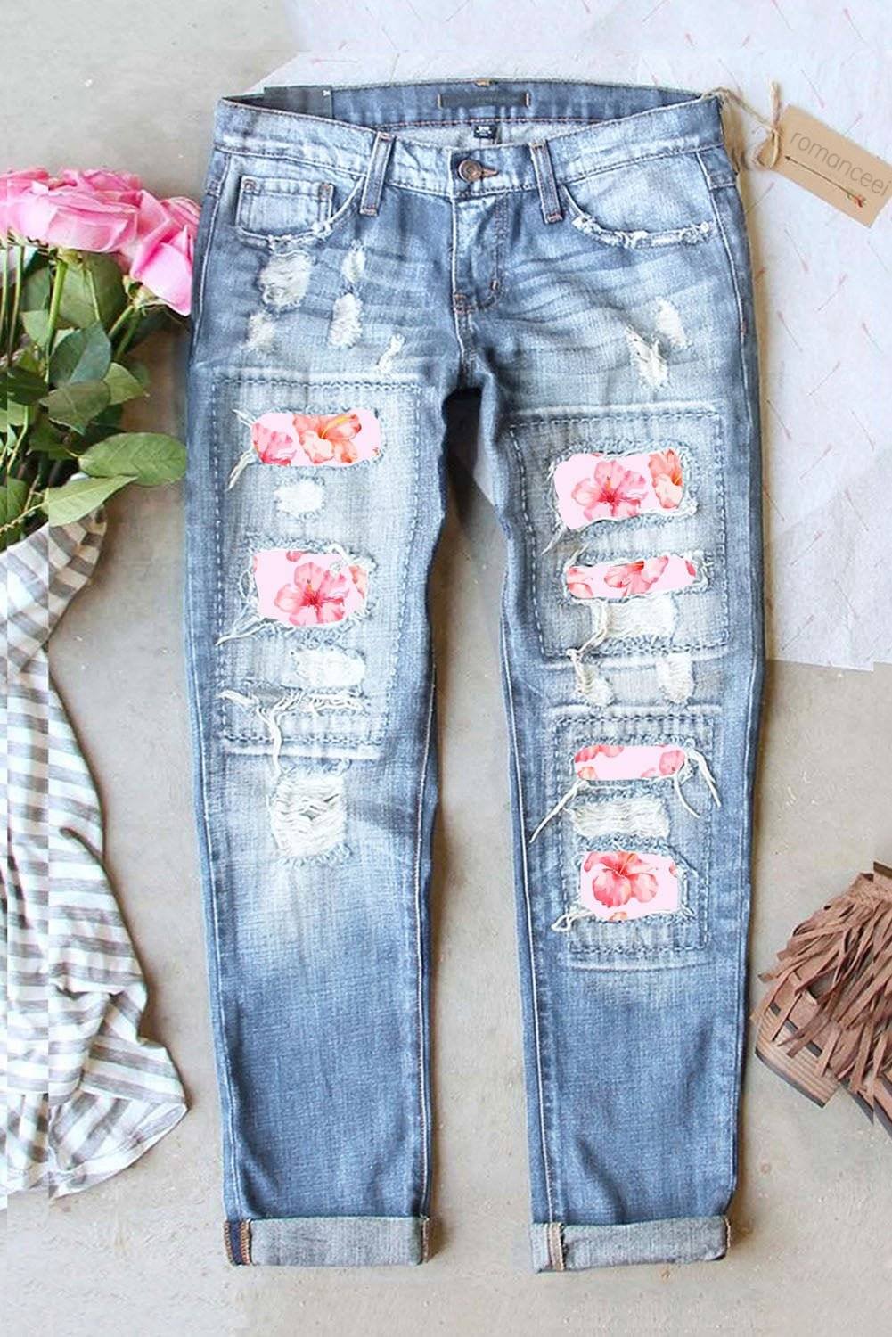 Women's Hibiscus Ripped Denim Jeans
