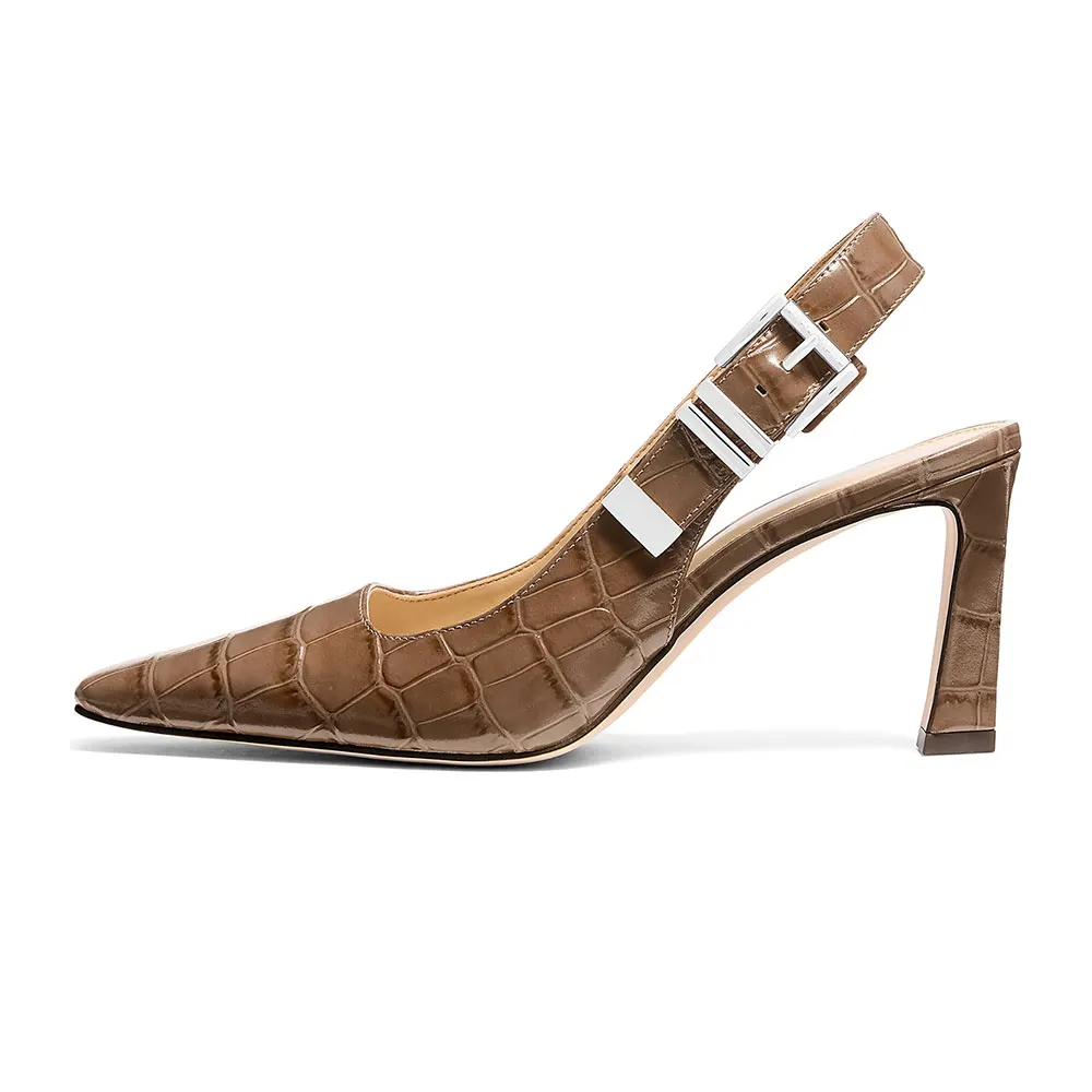 Khaki Square Toe Chunky High Heel Embossed Slingback Pumps for Women