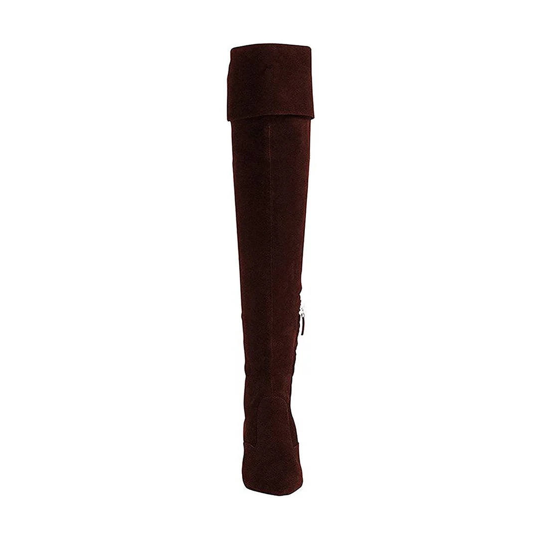 Maroon Faux Suede Pointed Toe Over-The-Knee Boots with Kitten Heels
