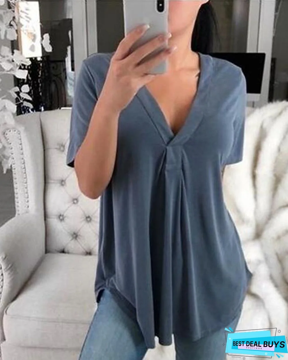 Women's T-Shirt Solid Colored Plain V Neck Tops Loose Basic Top White Black Purple-0203827