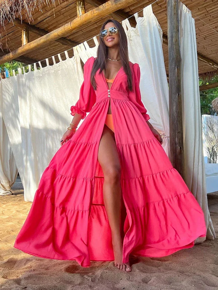 Huiketi Women Solid Deep V Neck Cover-ups Summer Beach Wear Sexy Elegant Female Summer Strap Dress Casual