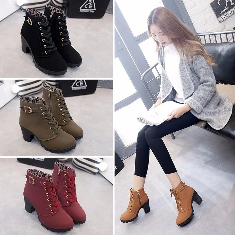 Yyvonne New High Heel Thick Heel Casual Women's Boots Platform Ankle Boots Round Head Side Zipper Lace Ankle Boots